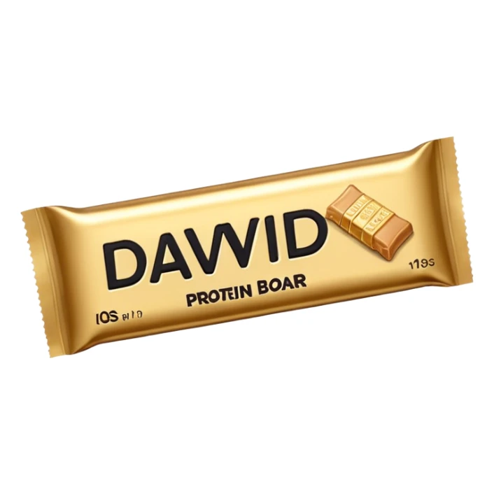protein bar gold wrapper that says David on it in black font with a small brown box on it  sticker