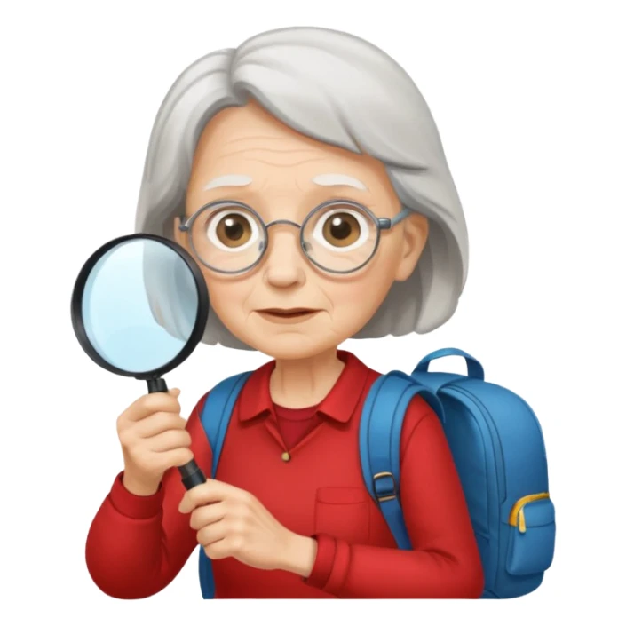 Explorer old woman with red shirt backpack and magnifying glass sticker