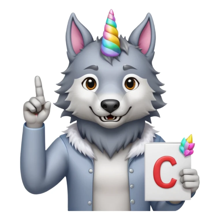 A wolf holding the letter C with a middle finger and 10 toes sticking out with a unicorn horn and saying hello  sticker