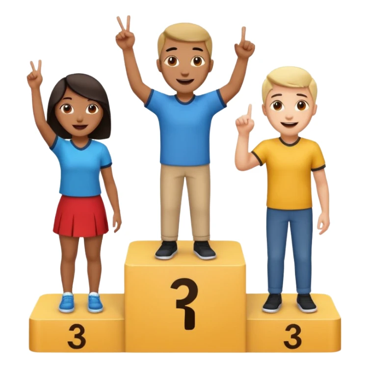 three casually dressed multi-racial people on a winners podium, center step higher, no numbers, center person holds up one finger on each hand, excited, fun, expressive emoji style sticker