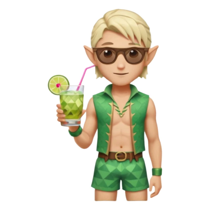 elf male legolas portrait, patterned board shorts (geometric/abstract), unique wooden-framed sunglasses, undercut hairstyle, slight smirk, visible pointy ears, no background, centered emoji, hipster summer vibe coctails sticker