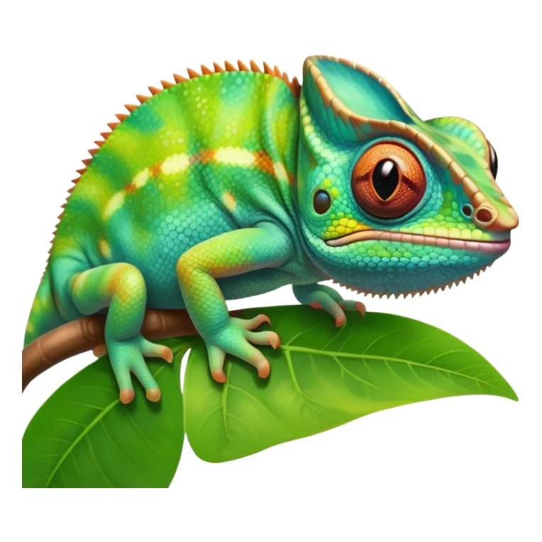 cinematic cute-smiling baby chameleon-realistic emoji,-blending-with-vibrant-greenery.-detailed-scales-in-shifting-colors,-showing-the-chameleon’s-ability-to-camouflage.-soft-natural-light-highlights-its-texture.-light-background, zoomed into its face sticker