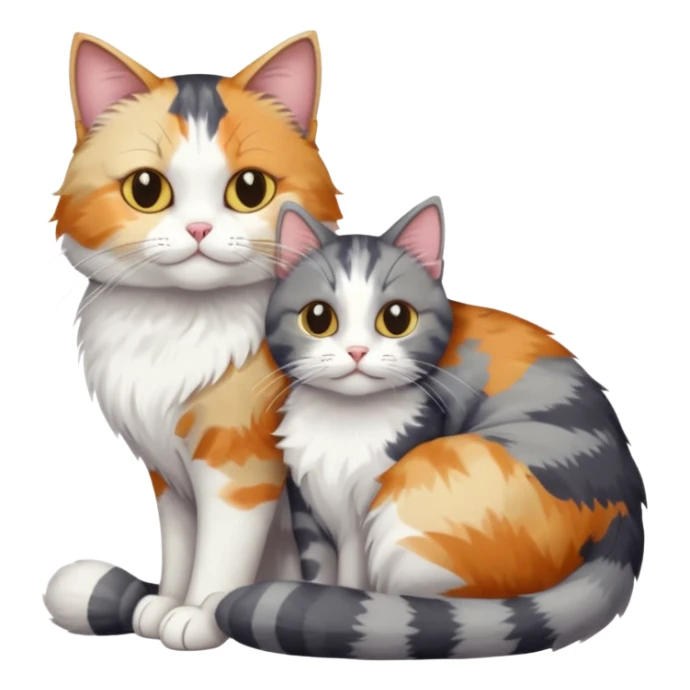 full body colourful light patched calico + white tabby cat cuddling a grey and white cat  sticker