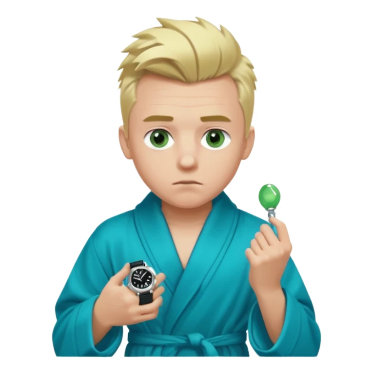 A white man with green eyes, medium-length blond hair in a low mohawk, wearing a blue Cartier watch on his wrist and a luxurious black and white bathrobe, appearing to be about 14 years old, with messy hair and a white pacifier in his mouth. sticker