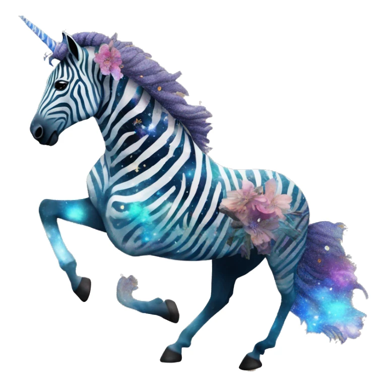 Ethereal zebra newspaper cutting flowers graffiti magazine collage glittering iridescent rich chestnut brown blue mane horse galloping through constellations and nebulas, unicorn Pegasus sticker