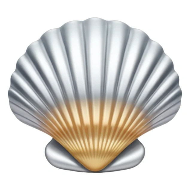A seashell emoji made of polished silver chrome, smooth curved surface, reflective metallic highlights, elegant minimal design, iOS emoji style, centered, clean white background, soft lighting sticker
