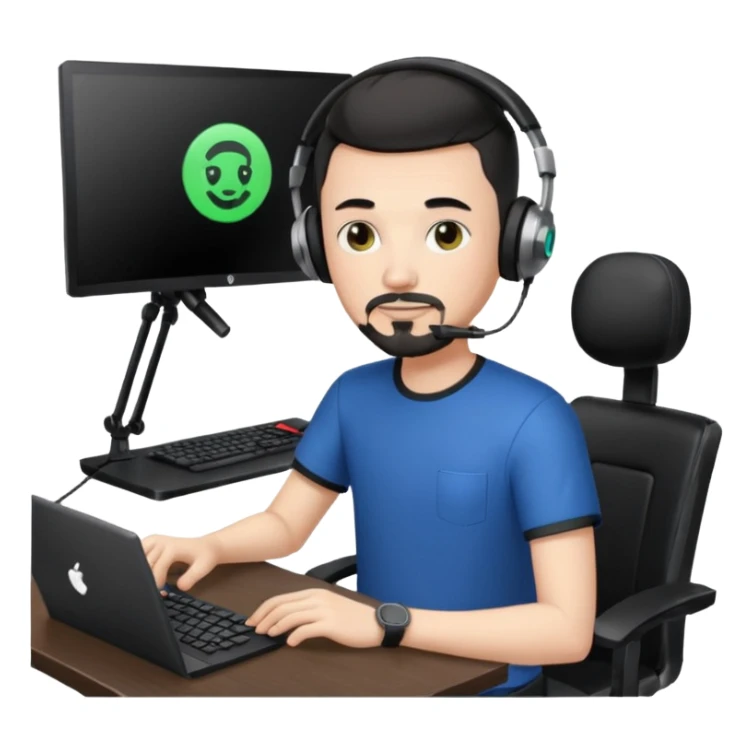 a setup of a youtuber, white skin, thin goatee, black short hair, with a desktop pc on a table, a gaming chair, microphone, white ring light sticker