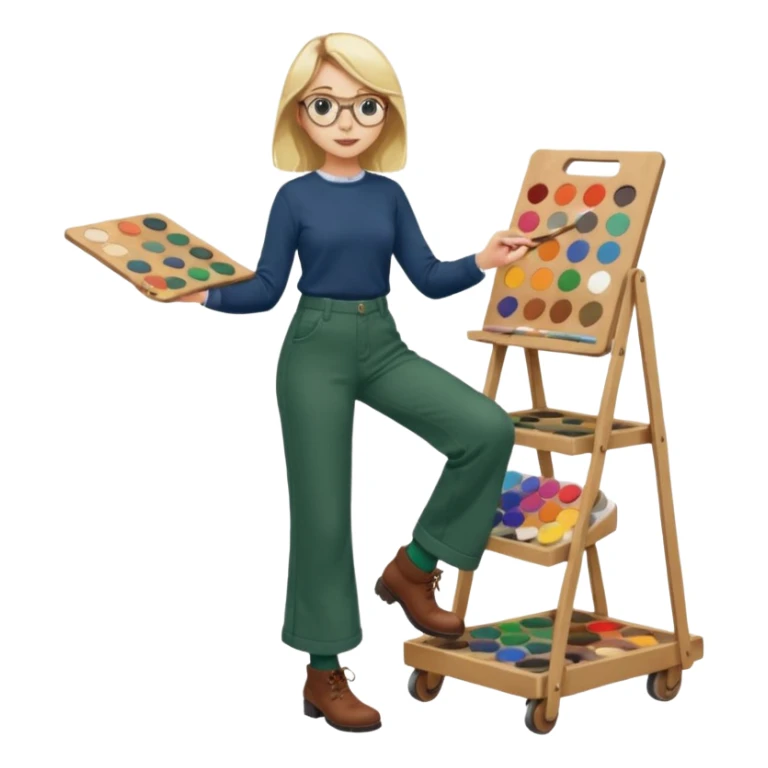 Fille blonde, pantalon ample vert foncé. Lunettes ronde fine. Bottines marrons. Elle pousse une palette remplie de chaussettes  sticker