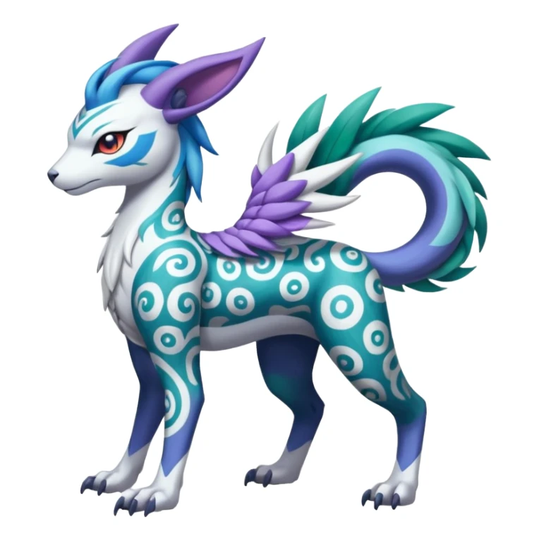Tropical Tiny Marked Patterned Tribal Colorful Skilled Adept Graceful Asian Painted Garurumon-Meloetta-Absol-Suicune-Cobalion-fusion-hybrid-creature (full body) sticker
