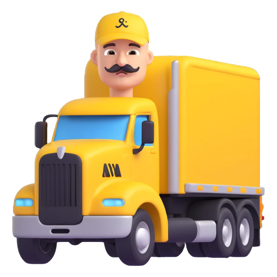 bald truck driver with mustache and baseball cap driving yellow semi sleeper truck sticker