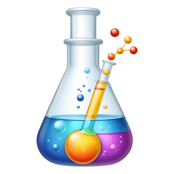 An icon featuring a chemical flask, bubbling with liquid, and an atomic structure, symbolizing chemistry. The design includes molecules, a periodic table, and laboratory equipment, representing the study of chemical reactions and elements. Transparent background highlights scientific research. sticker