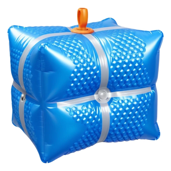 3D render of Bubble Wrapt made of shiny inflatable vinyl, visible seam lines, air valve, highly reflective plastic texture, pool toy aesthetic. sticker