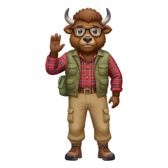 friendly anthropomorphised bison in cargo pants and plaid shirt, wearing glasses, jogging upright sticker