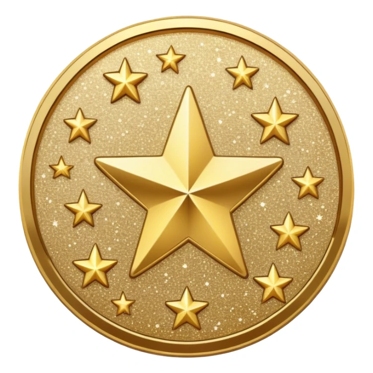 coin with a glitter texture, surrounded by twinkling stars sticker