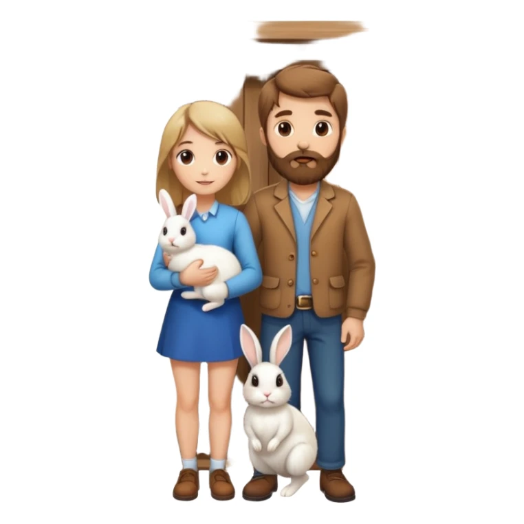 brown haired bearded man with a blond girl holding a rabbit with a front door behind them sticker