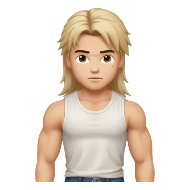 generate a pretty bratz boy with messy long mullet hair, sleeveless white tshirt, big biceps sticker
