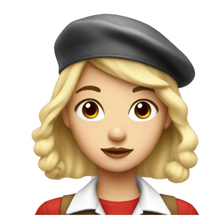 blonde girl, red eyes, white buttoned shirt, beret sticker