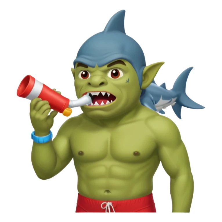 orc male in shark floatie, blowing whistle. Red swim trunks sticker