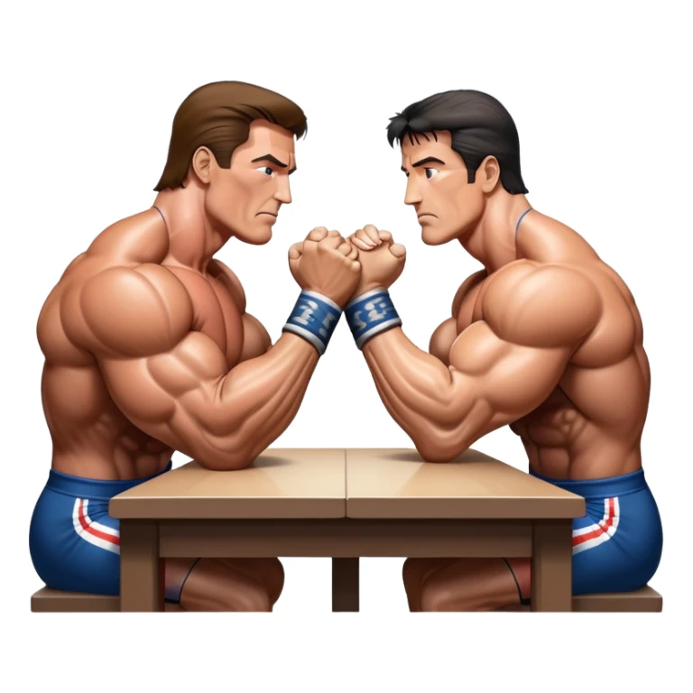 Arnold Schwarzenegger VS Sylvester Stallone from 'Over the Top,' locked in an arm wrestling battle, using only their right hands. Their left hands rest on the table. Both display immense strength, with muscular arms flexing, under bright competition lights. Transparent background. sticker