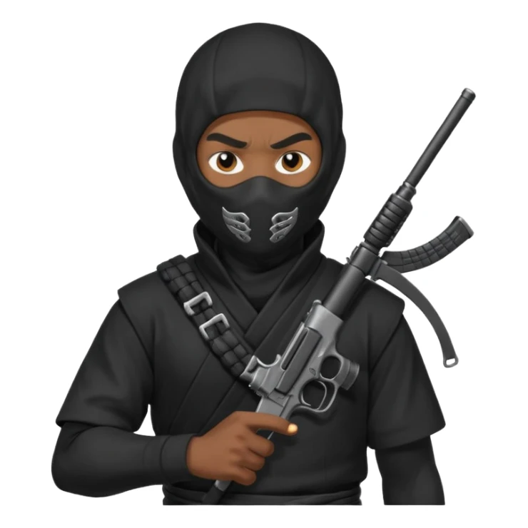 A black male in a ninja mask with a gun sticker