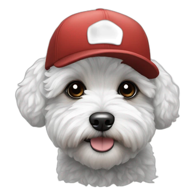 Maltipoo, black and white, with black cap that says MAY sticker