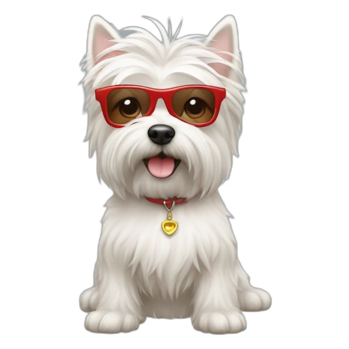 Humano con pelo de punta y gafas rojas con un perro westie sticker