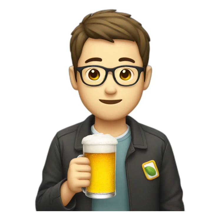 Japanese wearing glasses holding beer sticker
