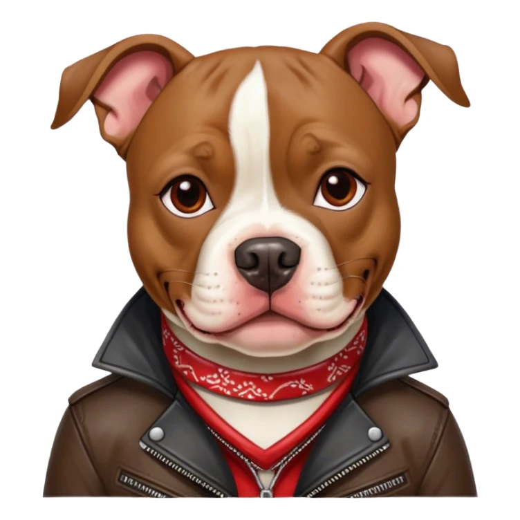 American Pit Bull Terrier mixed with a boston terrier, wearing a leather jacket and a red bandana around its neck sticker