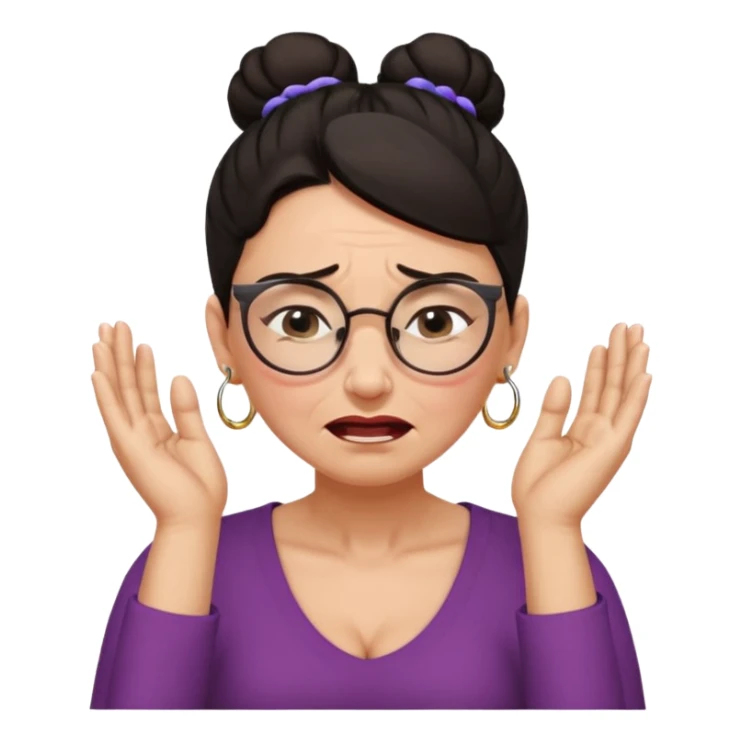  middle aged woman with dark hair pulled up in a high bun, wearing round ring earrings and glasses, expression extreme pain on her face, covering her ears with her hands very painful expression on her face, eyes squeezed shut, wincing in pain covering her ears with her hands sticker