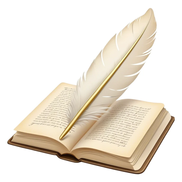 Create a delicate and elegant emoji representing poetry. The design should feature several gracefully flying pages with short poetic lines written on them. A white feather quill should be gently resting on one of the pages or floating nearby, symbolizing creativity and inspiration. The pages should look soft and flowing, evoking the fluid nature of poetry. Use a subtle color palette with white, light pastels, and a touch of gold for accents. Make the background transparent. sticker