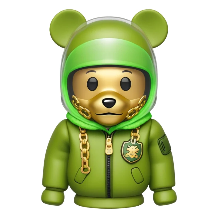 bearbrick wearing lime balaclava with graffiti logos where eye area is replaced by one continuous shield visor lens that's part of the mask, not separate eyewear, puffy coat with fur trim, gold chains sticker