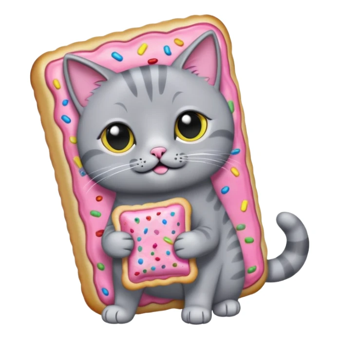 Gray Cat wearing a pink pop tart while there is rainbows coming from the pop tart sticker