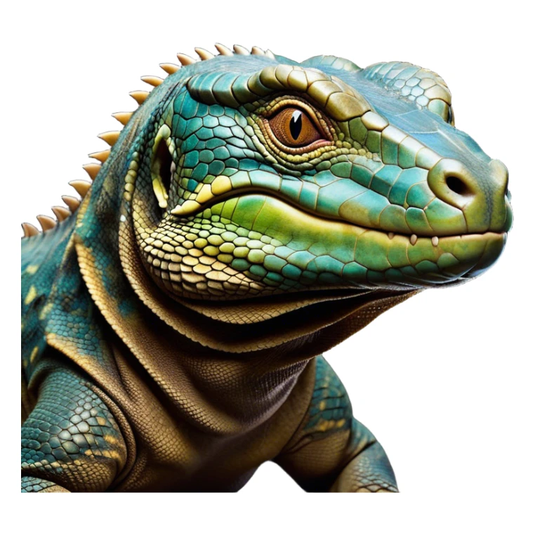 Cinematic Realistic Comical Komodo Dragon Portrait Emoji, Head tilted dramatically with an exaggeratedly amused expression, featuring a striking, glossy scaled hide with bold textures and wide, expressive eyes brimming with playful disbelief, rendered with lifelike detail and natural hues, high shine, dramatic yet playful, styled with an air of cheeky reptilian mischief, soft glowing outline, capturing the essence of a spirited and over‐the‐top Komodo dragon that looks ready to charge its way into viral fame! sticker