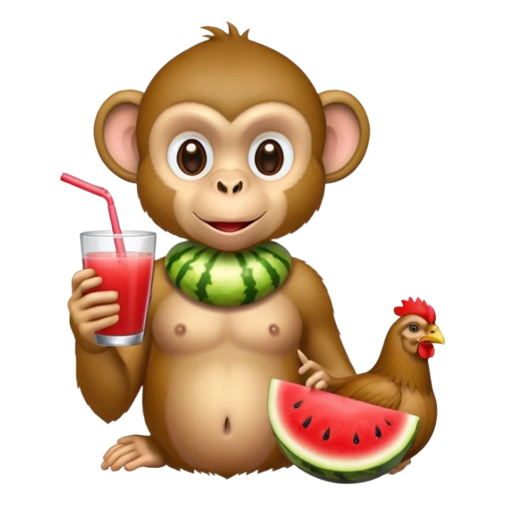 Monkey with chicken in mouth and watermelon juice sticker