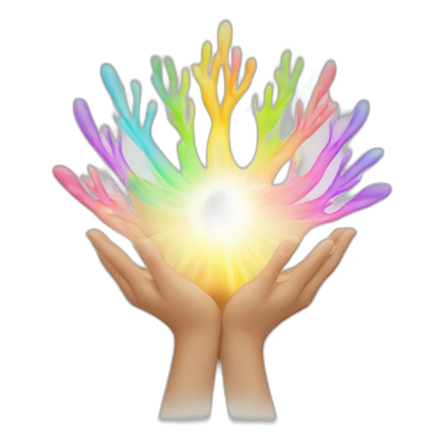 hands in a Reiki position, with a flowing aura of multicolored energy emanating from the palms sticker