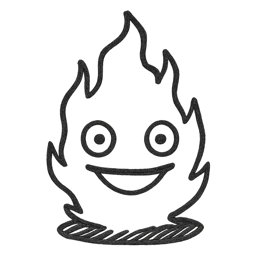 Simplify the design of Calcifer, make the face clear and expressive, use a transparent background, and ensure the flame shape is bold and recognizable even at small size, suitable for a Notion page emoji. sticker