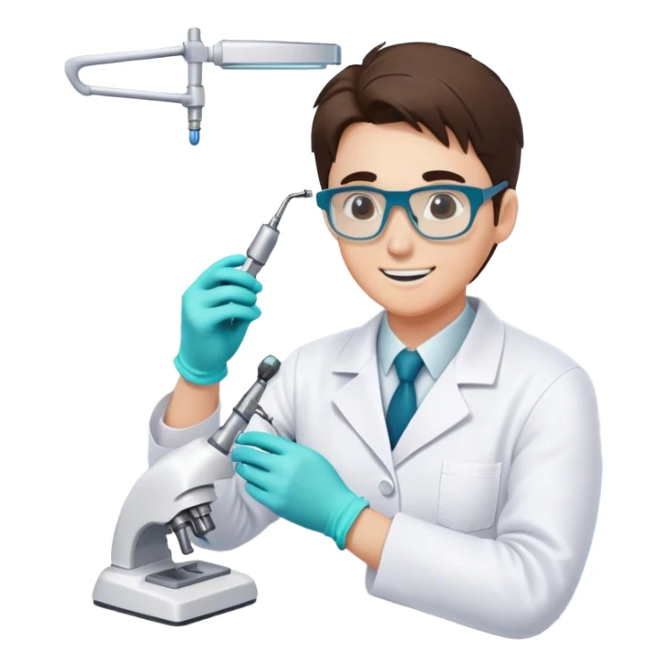 a dental technician at work, focusing on their upper half. they are wearing a white lab coat, protective glasses, and gloves, carefully crafting a dental prosthetic with precision tools. the background shows a clean, organized workspace with dental molds and equipmentDental technician  sticker