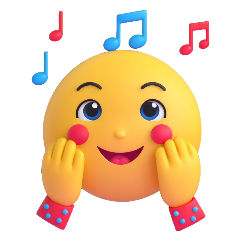 3D smiley emoji, large eyelashes, red polka dot bow, crying, tears, blue eyes, musical notes sticker