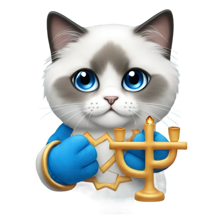 Blue mittens Ragdoll face holding a menorah sticker