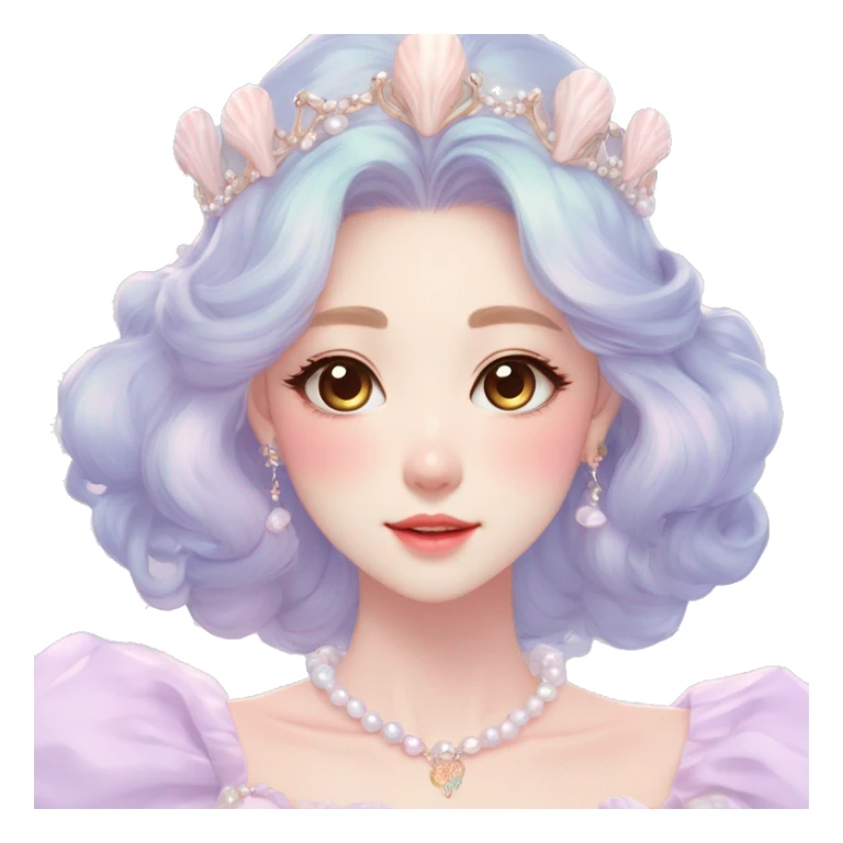 Gorgeous pastel anime style lady with blushing face and seashells tiara pearls dress necklace cottagecore fairycore pastelcore colorful pearly romantic simplistic aesthetic trending style sticker