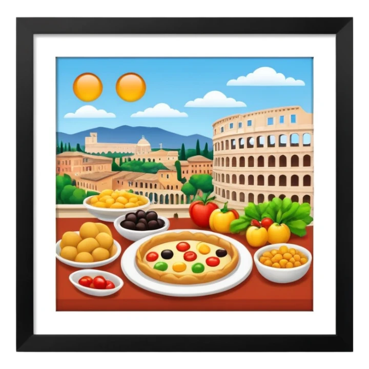 Rome theme, food and culture, colorful, emoji style sticker
