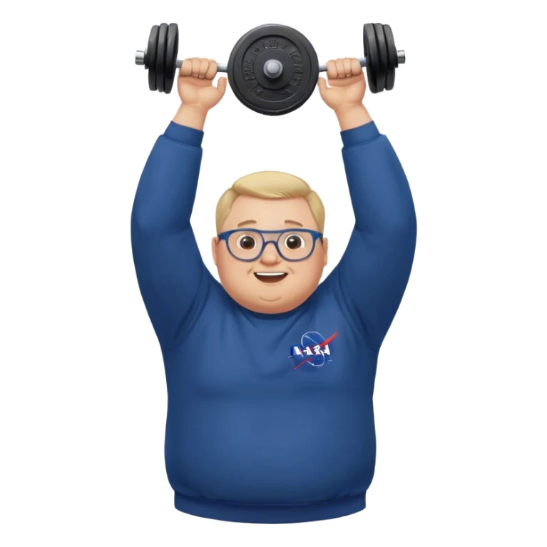 happy chubby man, lifts weights over the head,  blond short and hight receding hairline, wearing a dark blue sweatshirt, nasa logo on the sweatshirt, round glasses without frame, 40 years old sticker