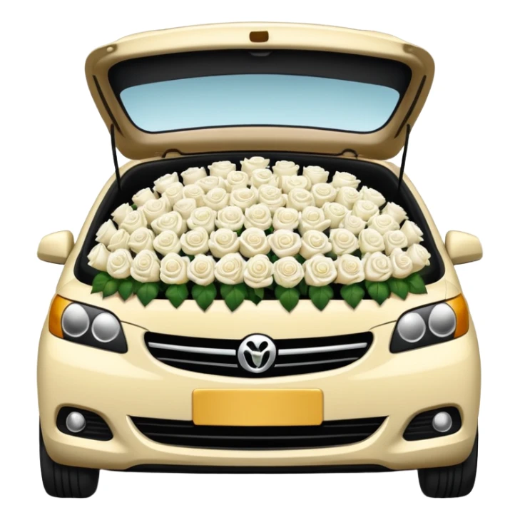 compact car, trunk packed with white roses, emoji style sticker