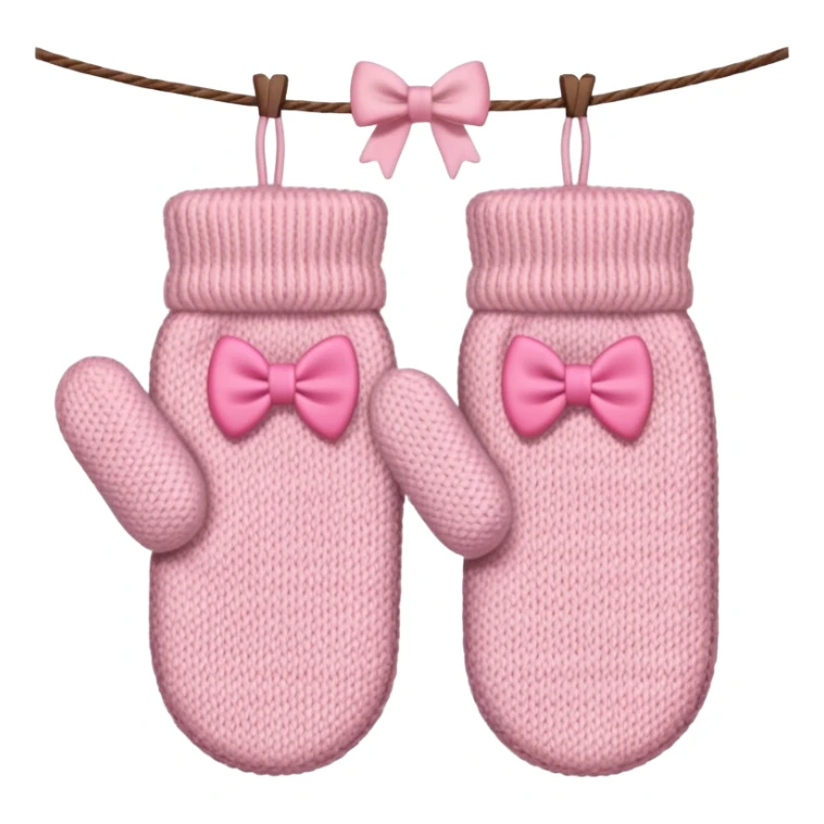 pastel pink pair of mittens connected by string and a bow sticker