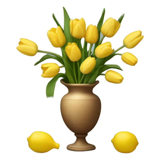 a vase with tulips and lemons next to it sticker