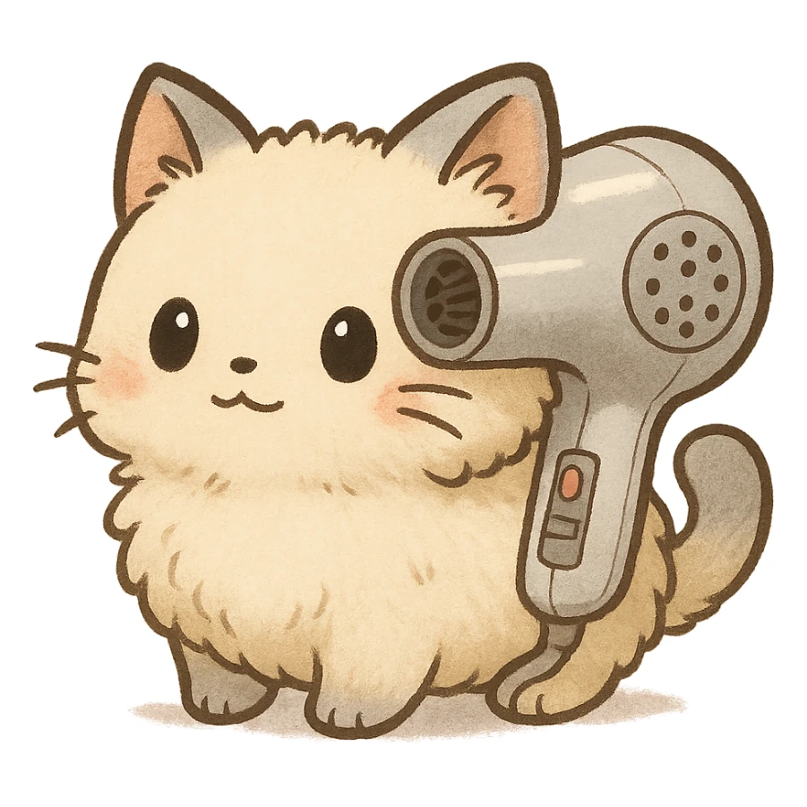 chibi soft fluffy cat inspired by a hair dryer with appliance elements integrated into its design full-body sticker