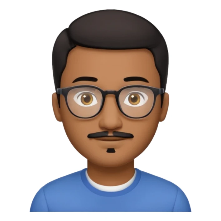 A friendly person with medium-brown skin, large warm brown eyes, thin rectangular glasses, a short mustache and small goatee, black hair. Rounded face, calm slight smile. Head-and-shoulders emoji style, bold outlines, simple shapes, bright colors, transparent background. sticker