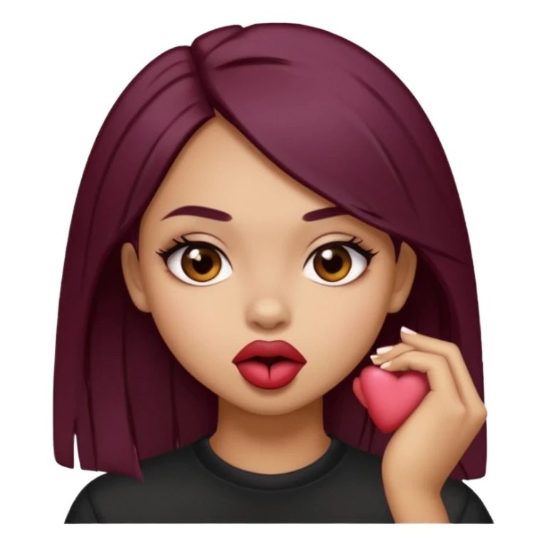 Brown light skin girl straight black/marroon hair biting her lips and blushing sticker