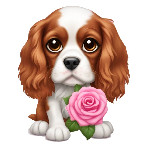 lovely Cavalier King Charles Spaniel puppy holding a pink rose sticker