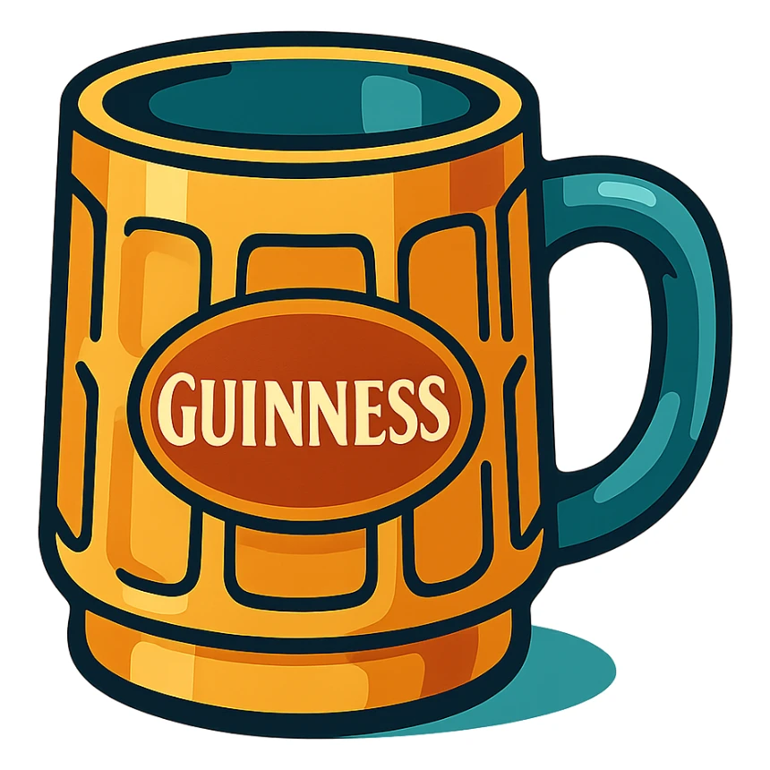 an empty vintage Guinness tankard, cartoon style, no beer sticker